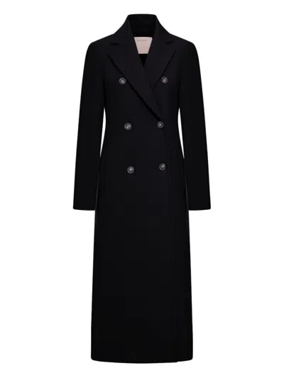 Sportmax Long Double-breasted Black Coat With Structured Shoulders And Belt Detail In Black