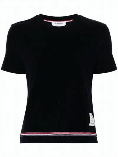 Thom Browne Fitted Short-sleeved Top With Striped Hem And Label Patch In Black