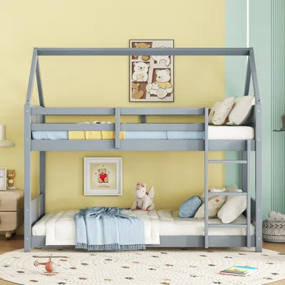 Streamdale Furniture Streamdale Twin Over Twin House Bunk Bed With Guardrails - Grey In Blue