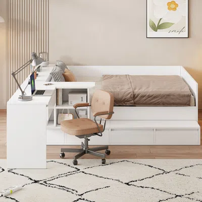 Streamdale Furniture Streamdale Full Size Wooden Platform Bed With 6 Drawers, Shelves And Dressing Table, White In White