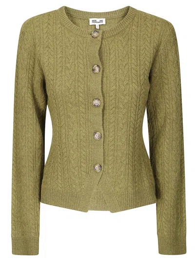 Baum Und Pferdgarten Intricate Knit Sweater With Contrast Buttons And Round Neckline In Gold