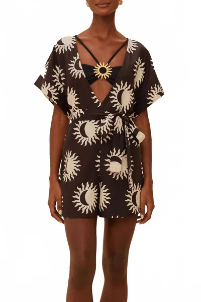 Farm Rio Black Sunny Moon Lenzing Ecovero Euroflax Romper In Multi