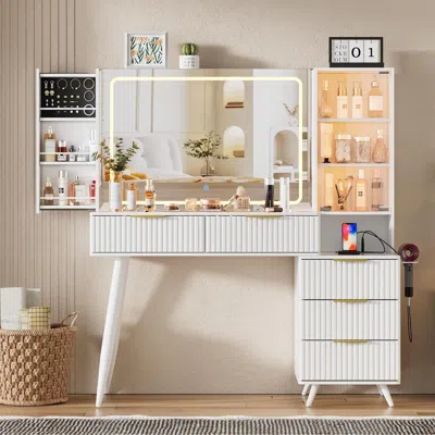 Streamdale Furniture Streamdale Vanity Desk With Mirror & Lights, Glass Top Makeup Table In White