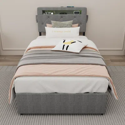 Streamdale Furniture Streamdale Twin Bed Frame: Usb, Led, Headboard & 4 Storage Drawers In Gray