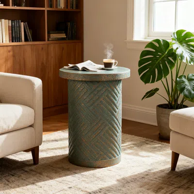 Streamdale Furniture Streamdale Cement Outdoor End Table - Modern Round Side Table In Green