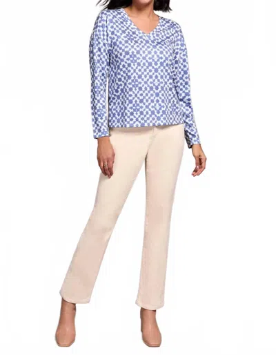 Tribal Fuzzy Soft V-neck Combo Print Knit Top In Ultra Blue In Blue