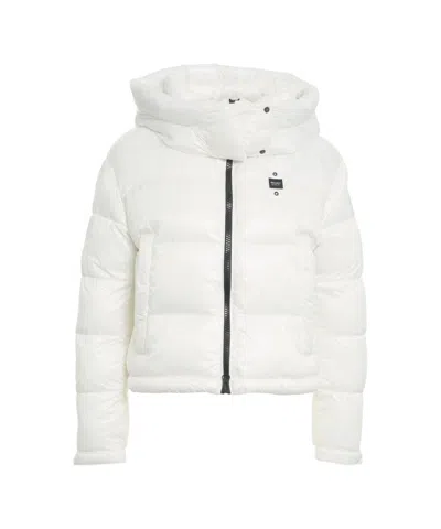 Blauer Quilted Down Jacket With Integrated Hood And Logo Detail In White