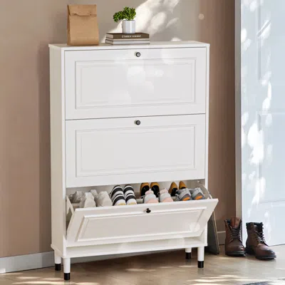 Streamdale Furniture Streamdale Narrow Shoe Cabinet With 3 Flip Drawers In White