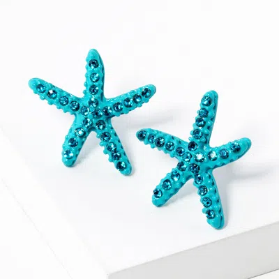 Fashnzfab Crystal Paved Starfish Stud Earrings - Blue Zircon In Blue