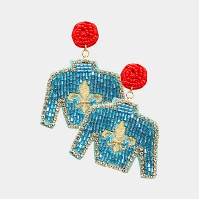 Fashnzfab Felt Back Seed Beaded Fleur De Lis Top Dangle Earrings - Turquoise In Blue