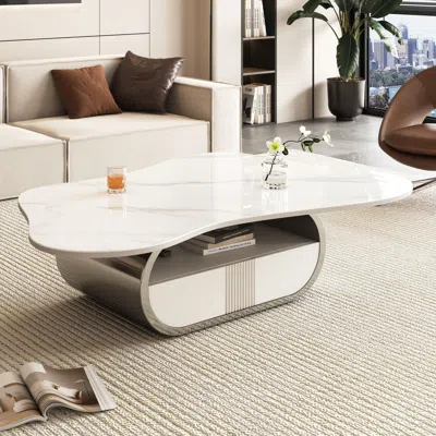 Streamdale Furniture Streamdale Butterfly Coffee Table - Sintered Stone Top, Storage & Drawer In White