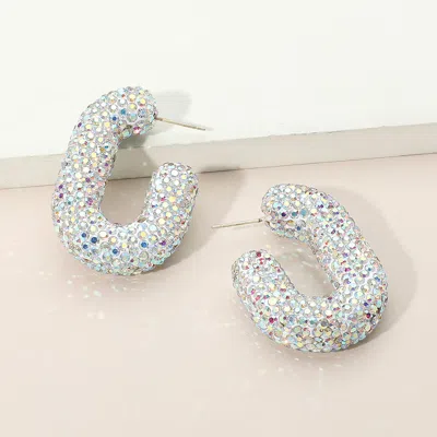 Fashnzfab Sterling Silver Post Rhinestone Studded Chunky Oval Hoop Earrings - Ab, Silver In Metallic