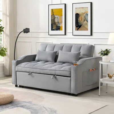 Streamdale Furniture Streamdale Velvet Loveseat Futon Sofa Bed With Reclining Backrest & Pillows In Gray