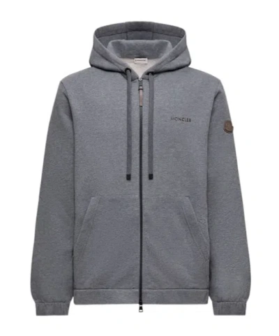 Moncler Leather Logo Cotton Blend Zip-up Hoodie In Gray