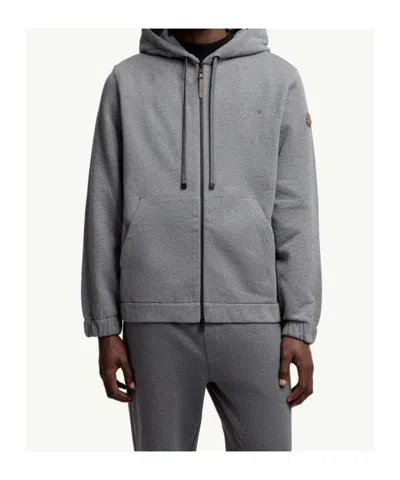 Moncler Leather Logo Cotton Blend Zip-up Hoodie In Gray