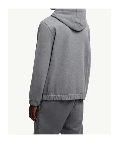 Moncler Leather Logo Cotton Blend Zip-up Hoodie In Gray