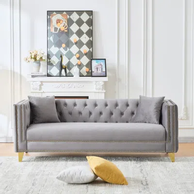 Streamdale Furniture Streamdale 80" Chesterfield Velvet Sofa, 3 Seater, Button Nailhead, Grey In Gray
