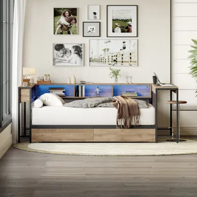 Streamdale Furniture Streamdale Corner Bed Frame Twin With Bookcase, Drawers, Led, Charging, Grey In Multi