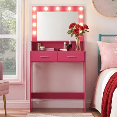 Streamdale Furniture Streamdale Rose Pink Vanity Desk With Lighted Mirror & Drawers In Pink