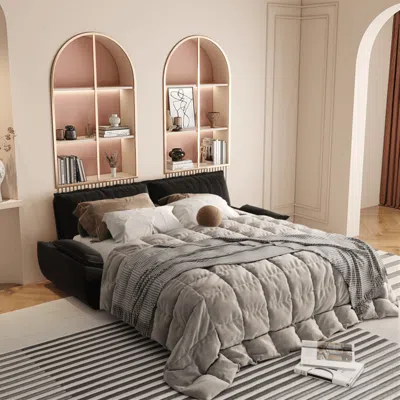 Streamdale Furniture Streamdale Queen Pull Out Sofa Bed, 3-in-1 Convertible Sleeper, Velvet Loveseat, Black In Black