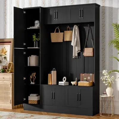 Streamdale Furniture Streamdale Modern Hall Tree With Shoe Storage, Bench, Hooks & Shelf - Black In Black