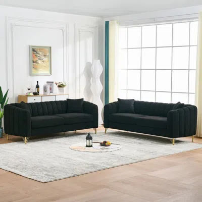 Streamdale Furniture Streamdale Oversized Chenille Sofa, Modern Tufted Couch, Gold Legs (black) In Black