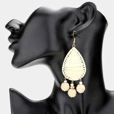 Fashnzfab Raffia Wrapped Teardrop Triple Ball Link Dangle Earrings - Ivory In Gold
