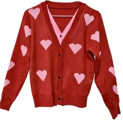 Jayley V-neck Heart Cardigan With Heart Buttons In Red & Pink In Red