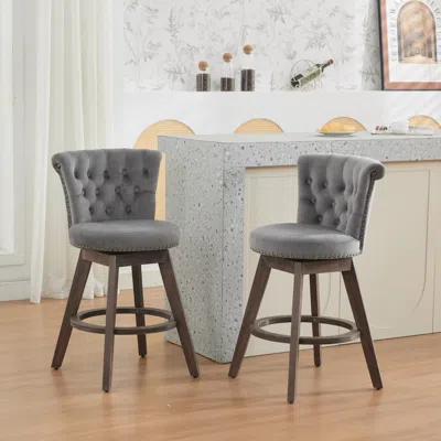 Streamdale Furniture Streamdale 26" Swivel Counter Stools Set Of 2, Velvet Upholstered, Gray In Gray