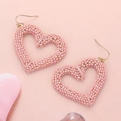 Fashnzfab Seed Beaded Open Heart Dangle Earrings - Gold, Pink In Pink
