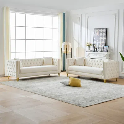 Streamdale Furniture Streamdale Chesterfield Velvet Sofa, 3+3 Seater, Button Nailhead, Beige In White