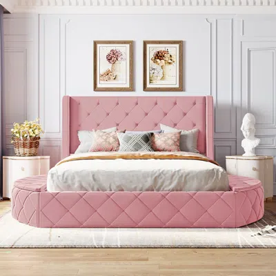 Streamdale Furniture Streamdale Queen Upholstered Platform Bed W/ Wingback, Drawer & Stools (beige) In Pink