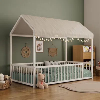 Streamdale Furniture Streamdale Twin Montessori Metal Floor Bed Frame, House Bed With Fence, Easy Assemble, Black In White