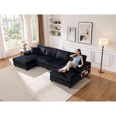 Streamdale Furniture Streamdale Convertible Corduroy U-shaped Sofa, Modern 4 Seat Couch, Black In Black