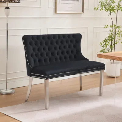 Streamdale Furniture Streamdale Velvet Dining Loveseat Bench, Tufted, Wing Back, Silver Legs, Black In Black