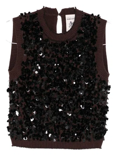 Semicouture Sleeveless Brown Sweater With Sequined Embellishments In Black