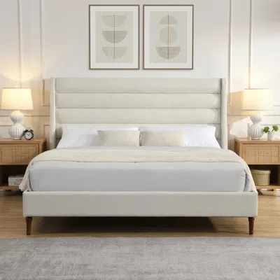 Streamdale Furniture Streamdale King Upholstered Platform Bed With Wave Headboard, Chenille Fabric, Ivory In White