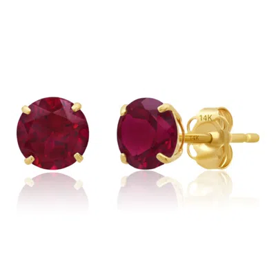 Maxcolor 14k Yellow Gold 6mm Round Stud Gemstone Earrings In Burgundy