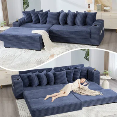 Streamdale Furniture Streamdale Corduroy L-shaped Sectional Sofa With Ottoman, Pillows, & Cup Holders - Blue In Blue