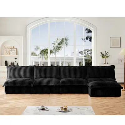Streamdale Furniture Streamdale Black Corduroy Modular Sectional Sofa With Ottoman In Black