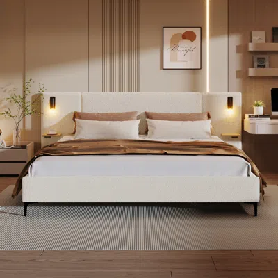 Streamdale Furniture Streamdale Chic Boucle Upholstered Bed With Integrated Lights And Shelves, White, Queen In White