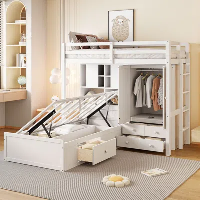 Streamdale Furniture Streamdale Twin Bunk Bed With Drawers, Wardrobe, Storage Shelves And Hydraulic Bed,gray In White