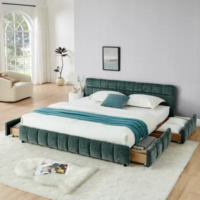 Streamdale Furniture Streamdale King Upholstered Bed Frame, Chenille Fabric, Headboard, Storage Drawer - Green In Green