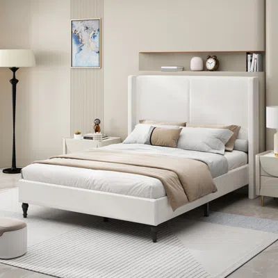 Streamdale Furniture Streamdale Queen Bed Frame, 55.5" Upholstered Headboard, Boucle Fabric, White In White