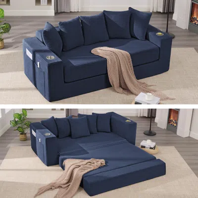 Streamdale Furniture Streamdale Corduroy Sleeper Sofa Bed Loveseat With Pillows & Cup Holders - Blue In Blue