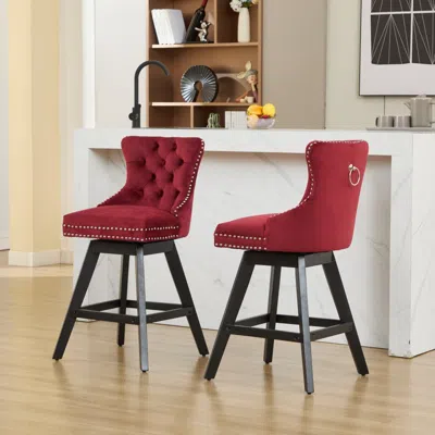 Streamdale Furniture Streamdale Velvet Barstools, Button Tufted, Wood Legs, Nailhead Trim, Set Of 2, Wine Red In Red