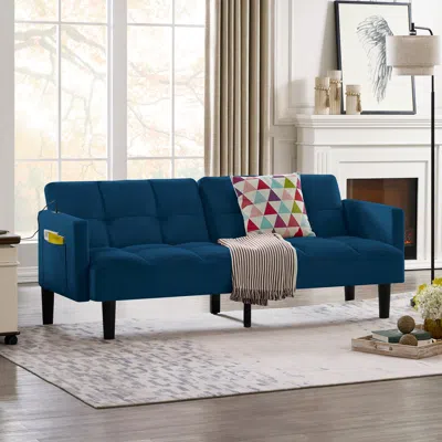 Streamdale Furniture Streamdale Velvet Futon Couch Convertible Folding Sofa Bed Tufted Couch For Apartment In Blue