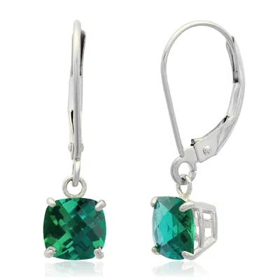 Maxcolor Solid 10k White Gold Cushion Cut Dangle Gemstone Leverback Earrings In Green