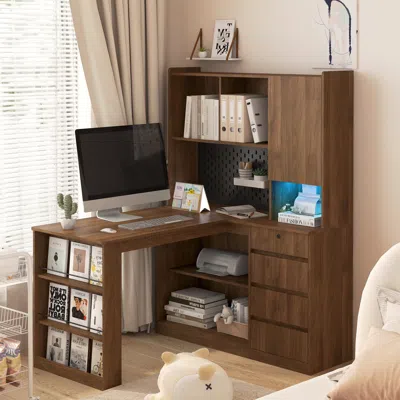 Streamdale Furniture Streamdale L Shaped Desk With Drawers, Bookshelf, Led Light, Corner Gaming Desk In Brown