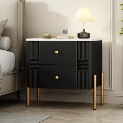 Streamdale Furniture Streamdale Modern Black Nightstand With Fluted Drawers & Gold Accents In Black
